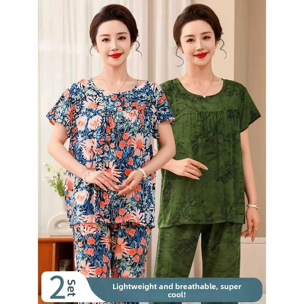 2026 New Summer Cotton Silk Short Sleeve Home Clothes Outdoor Wear for Middle-Aged And Elderly Women Comfortable Sleepwear