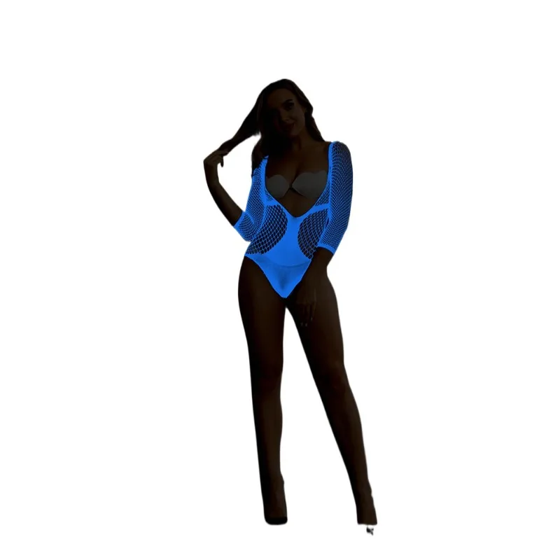 ชุดบอดี้สูทซีทรูตาข่ายถักโครเชต์เปิดเผยสัดส่วน สีฟ้าเรืองแสงในที่มืด ชุดชั้นในเซ็กซี่สำหรับผู้หญิง ชุดแคทสูทเรืองแสง