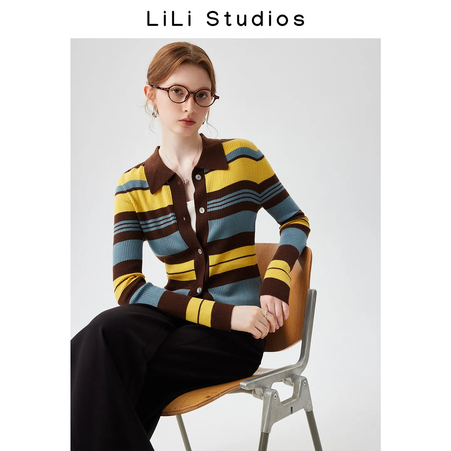 Contrast striped cardigan cashmere sweater new design polo shirt temperament sweater top