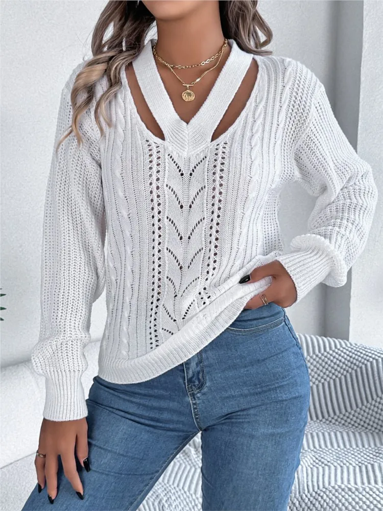 Autumn Leisure Hollow Out V-neck Fried Dough Twists Lantern Sleeve Pullover Sweater Womens Solid Colo Long Sleeve Sweater