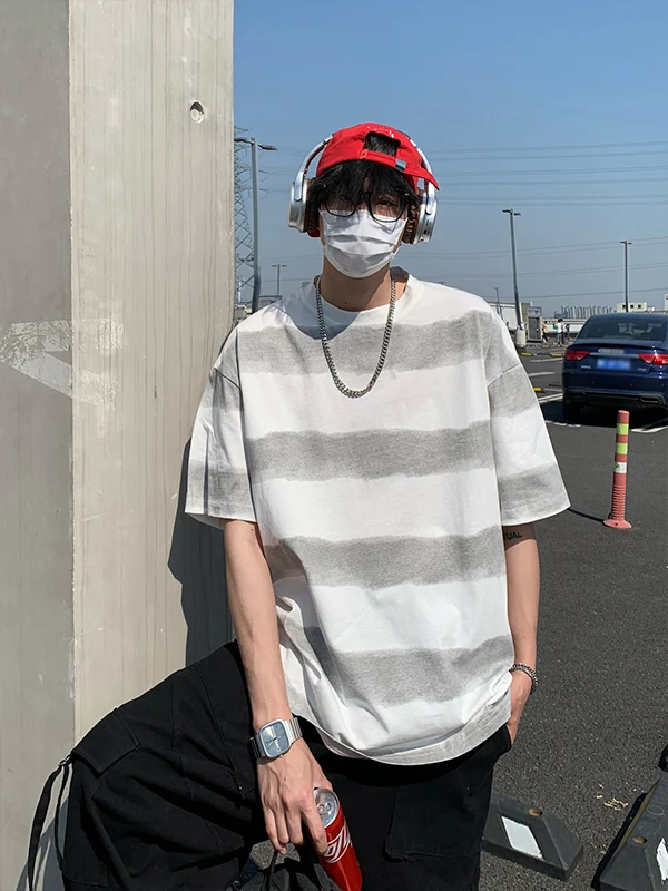 

Laid-ba Sle Dyed Stripes Heavyweight ort Sve T-irt Summer American Trendy Loose Couple Five-Quarter Sve T-irt