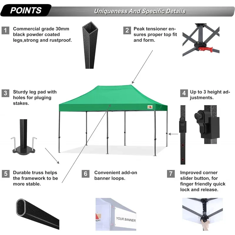 Heavy Duty Easyup Canopy Tent with Sidewalls 10x20, Kelly Green