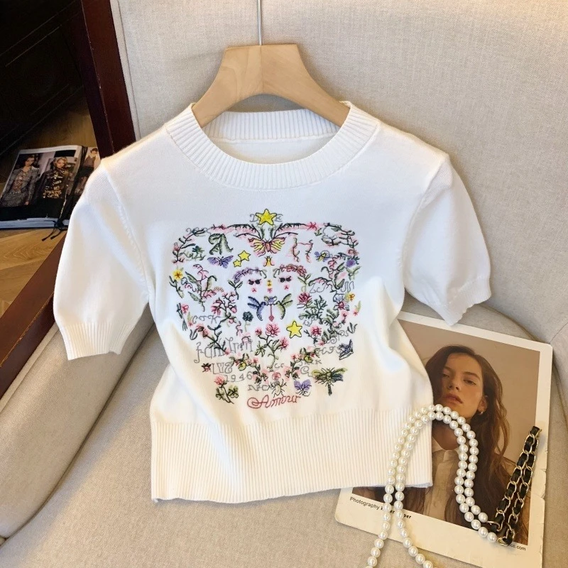 

Summer White Embroidery Short Sleeve Knitted T-shirt Women 2025 New Design Casual Round Neck Pullover Knitwear Tops Ladies Tees