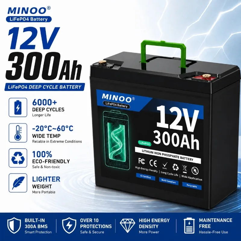 12V 300Ah LiFePO4 Solar Battery Deep Cycle Rechargeable Built-in BMS Lithium 300000mAh for Power Wheels Scooters Fish Finder