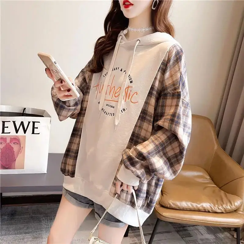 Printing Patchwork Streetwear Fashion Loose Casual Autumn Winter Thin Long Sleeve Hooded Sweatshirts Pullovers Women Clothing