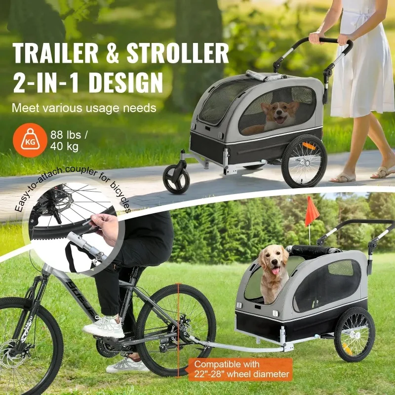 2-in-1 Pet Stroller Bicycle Carrier, Easy Folding Frame with Quick Release Wheels, Dog Bike Trailer