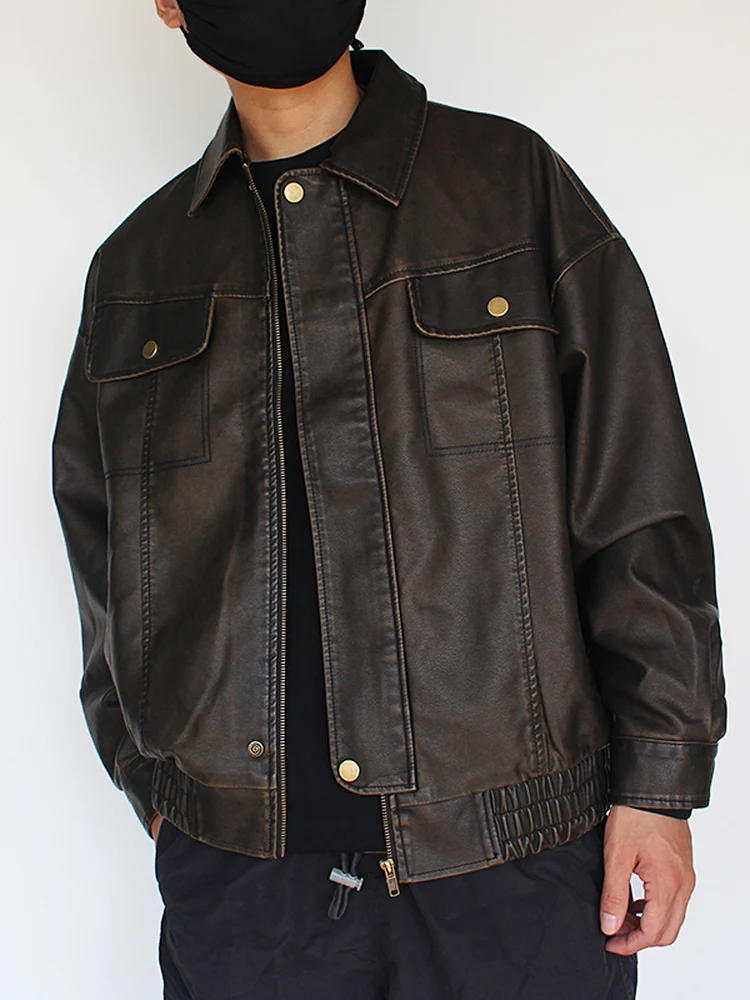 

Waed Vintage Leather Jaet Men's American Retro Casual Loose PU Collar Upturned Leisure Leather Jaet Coat for Autumn Winter