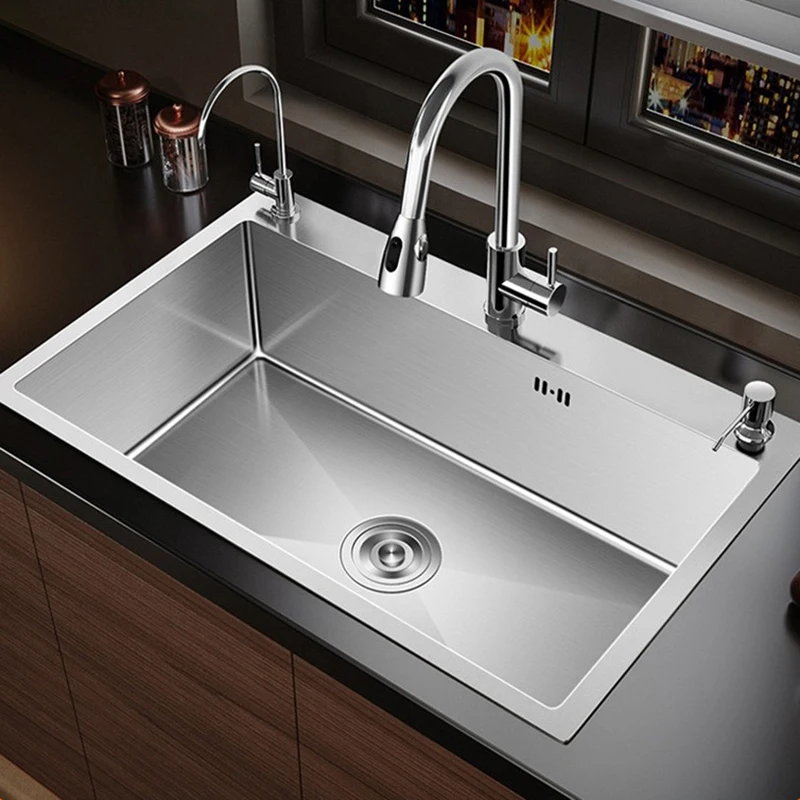 304 Stainless Steel Silver Kitchen Sink with Pull-Out Faucet Large Capacity Single Basin Bar Sinks Multifunction Washing Basins