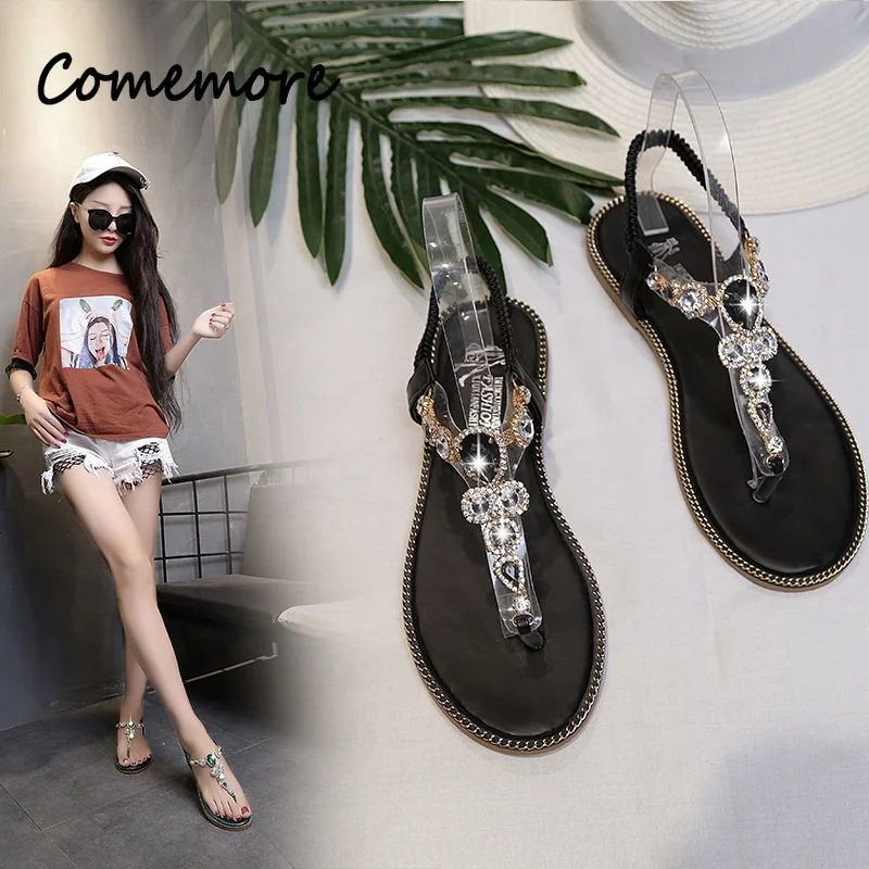 Comemore Summer Shoe Women Comfortable Flat Thong Sandals Casual Ladies Shoes Green Slip on Sandal with Rhinestones Flip-flops