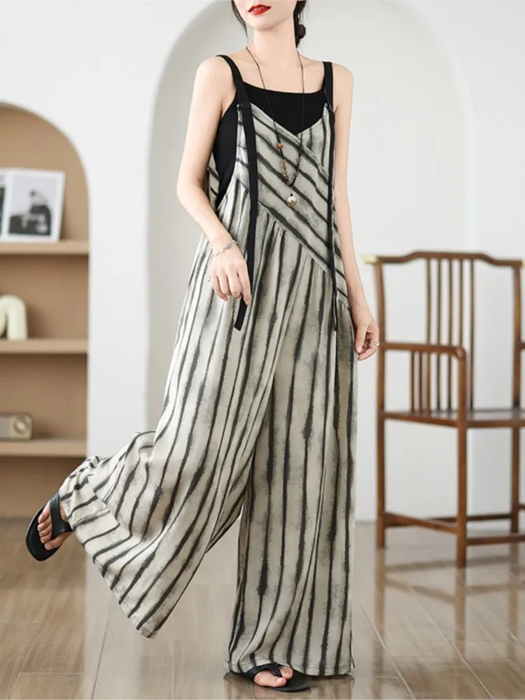 Oversized Summer V-Neck Slip Jumpsuit Women Striped Print Fashion Ladies Jumpsuits Casual Loose Wide Leg Pleated Woman Jumpsuits