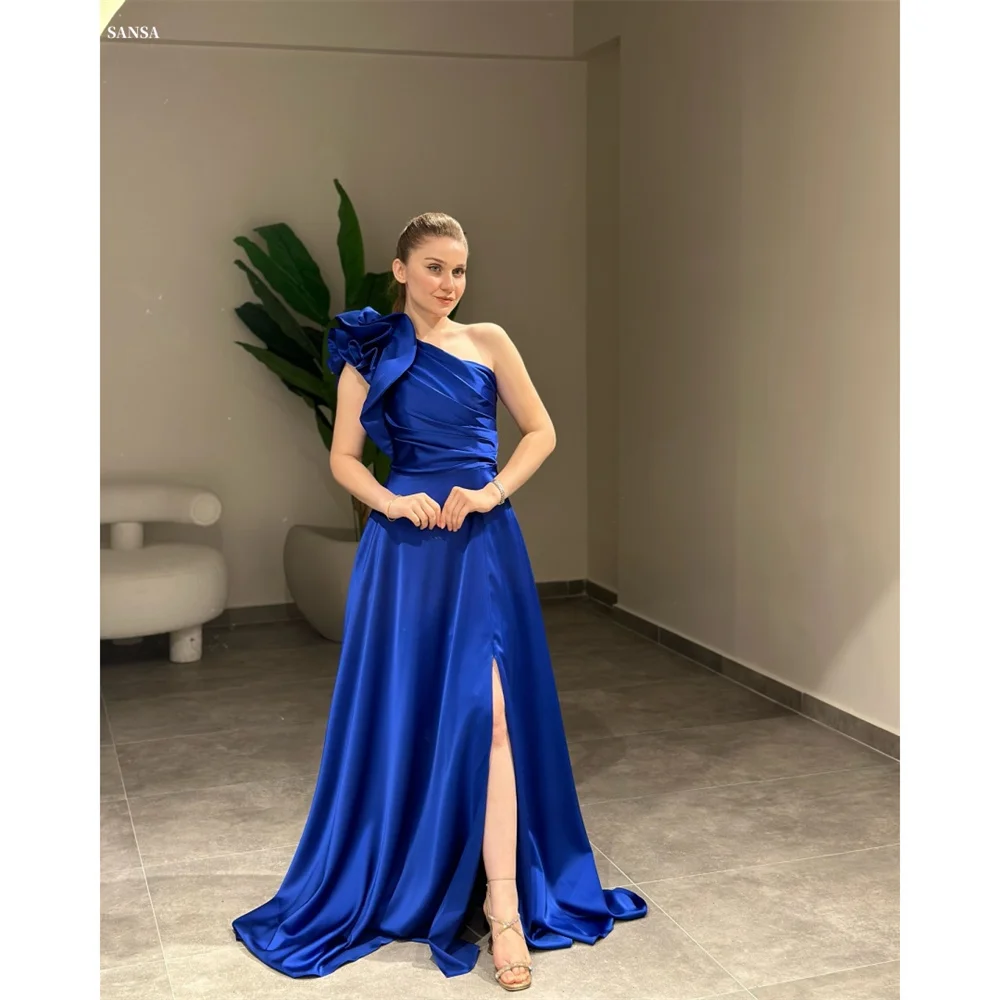 Sansa Customized One Shoulder 3D Flower A-Line Evening Dresses Side High Split Satin Wedding Dress Floor-Length Prom Dresses