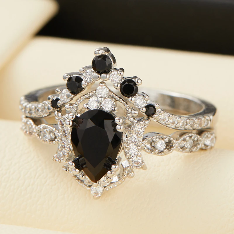 

Luxury Full Set White Zirconia Black Crystal Moon Double Layers Ring Women Fashion Luxury Wedding Banquet Jewellery Accessoriess