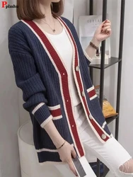 Elegant Korean Sweater Cardigan Loose Patchwork Knitwears Coat Casual Mid Length Malhas Outwears New Fashion Soft Tops Jackets