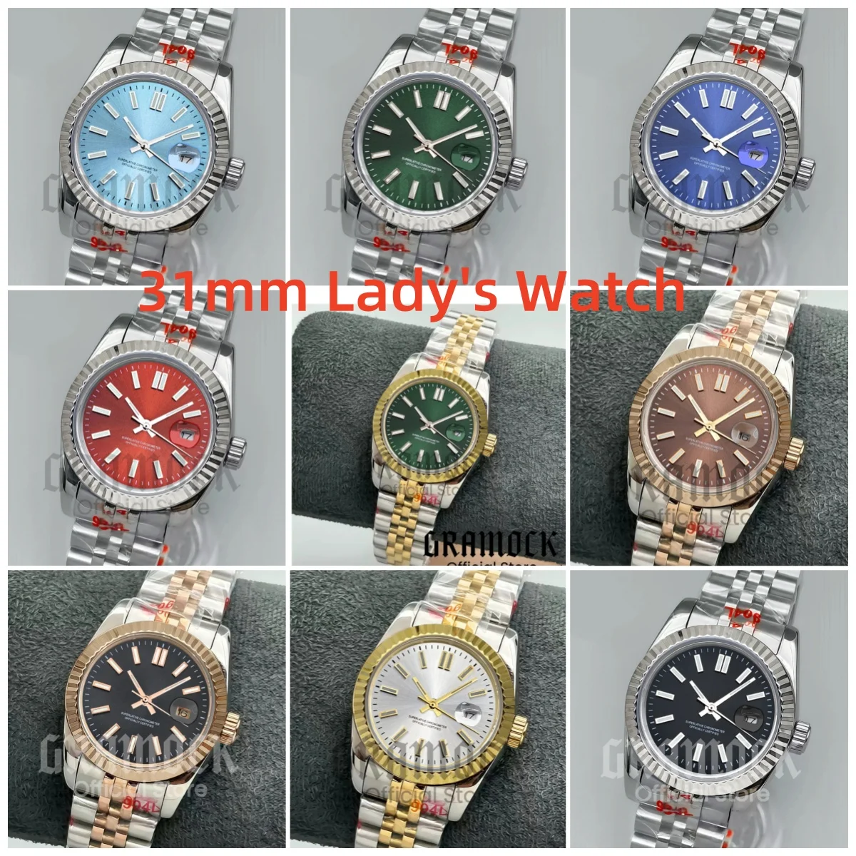 

Gramock Fashion 31mm Lady's NH05 Mechanical Automatic Wristwatch Stick Mark Sunburst Dial Dog tooth Circle Steel Watch For Women