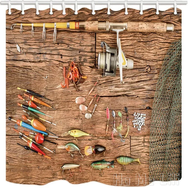 Fishing By Ho Me Lili Shower Curtains For Bathroom Rod With Lure On Ruistic Wooden Farm House Hooks Included