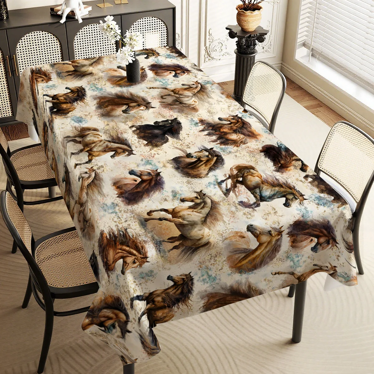 New Artistic Fengjiama Tablecloth - Ink-Wash Style Running Horse Print - Elegant Decorative Tablecloth for Home Use