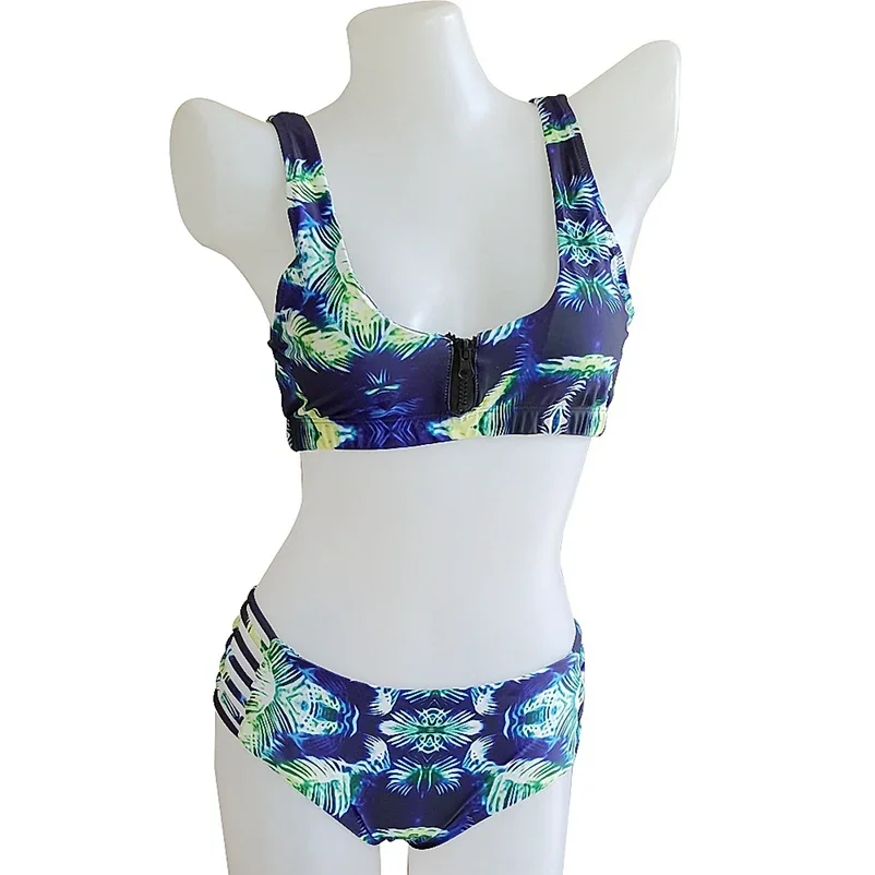 Bikini Bathing Suit Swimsuit Swimwear Two Pieces Set Biquini With Breast Backer For Women Girl Lady Deep Blue Zipper DK37