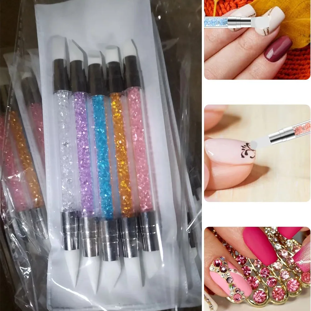 5Pcs Dual-Headed Silicone Rhinestone Nail Polish Carving Pen - DIY Nail Art Sculpture & Dotting Pen Durable Drawing Lines Brush