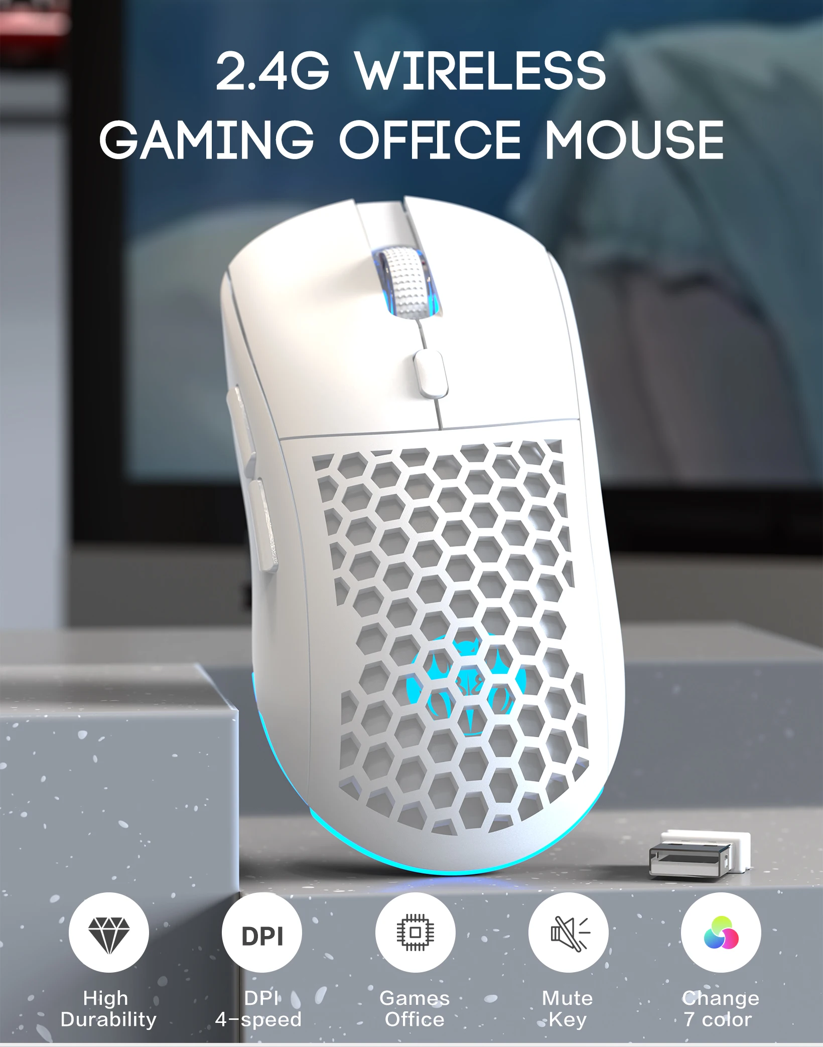 

Беспроводная перезаряжаемая мышь с регулируемым освещением RGB, USB-сотовая конструкция для домашнего игрового офиса - Plug and Play