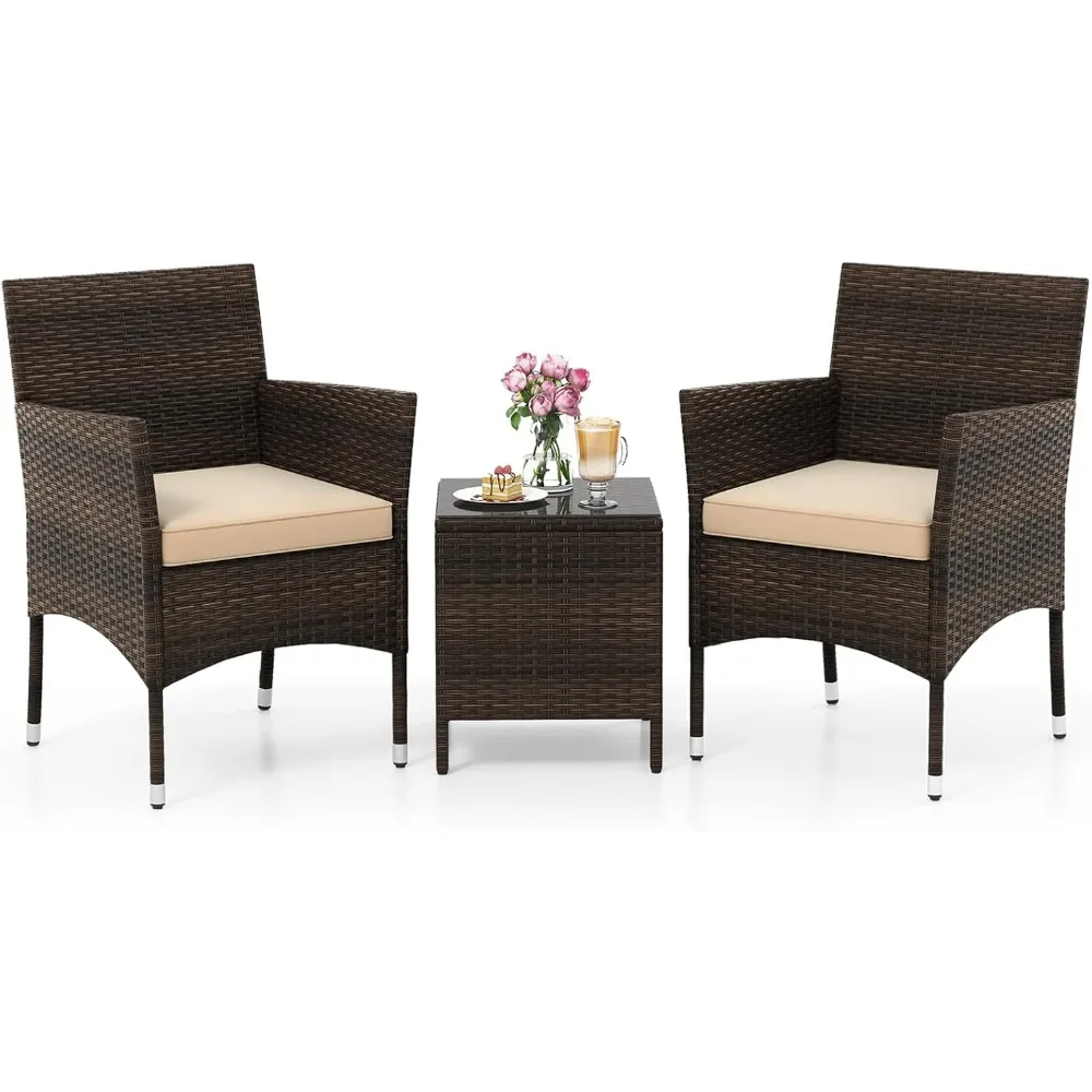 

3 Piece Patio Furniture Set, Outdoor Wicker Patio Chairs with Soft Cushions & Tempered Glass Top Table, PE Rattan Bistro Set fo