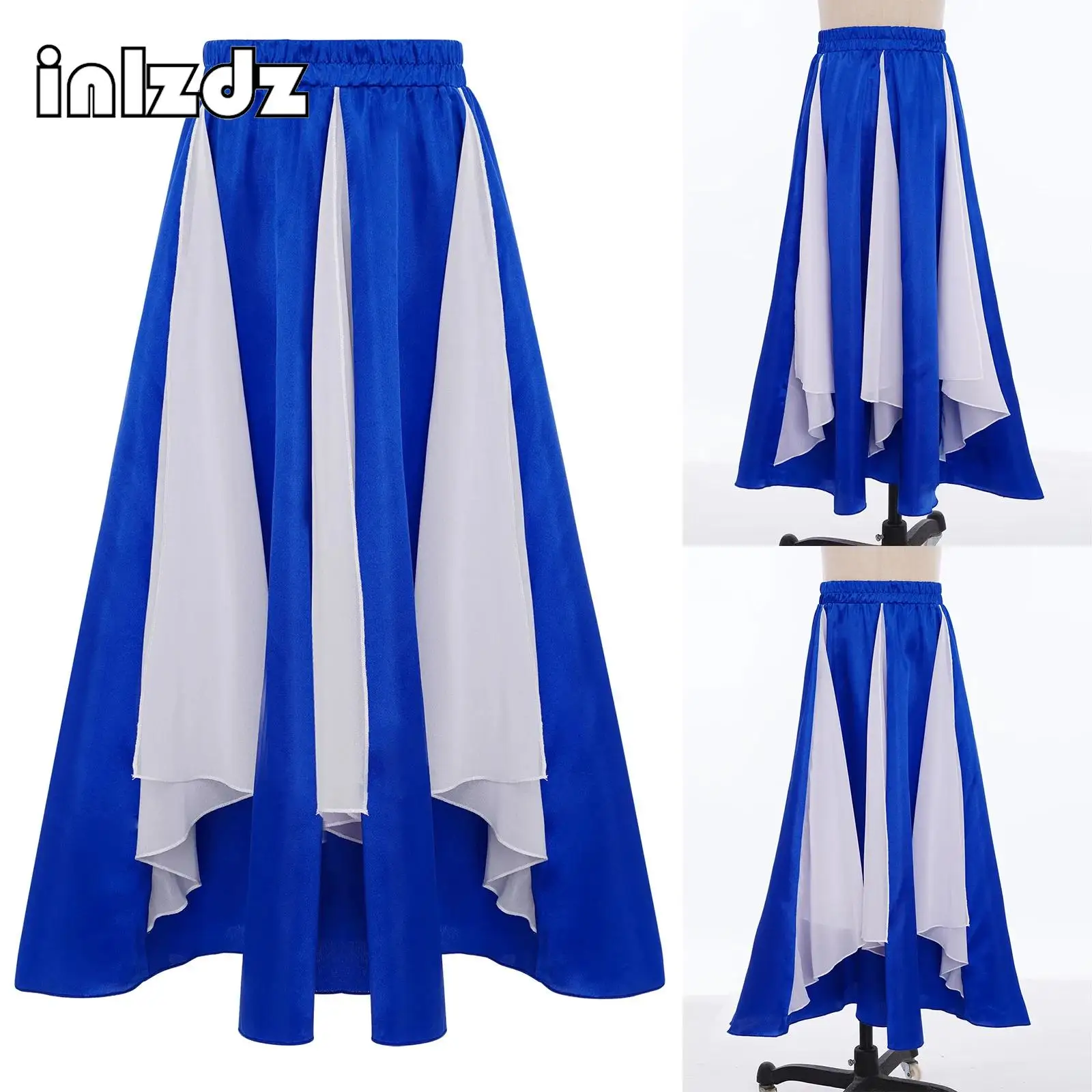 

Kids Girls Praise Dance Skirts Worship Stage Performance Dancewear Stretchy Color Block Wide Hemline Chiffon Panel Satin Skirt