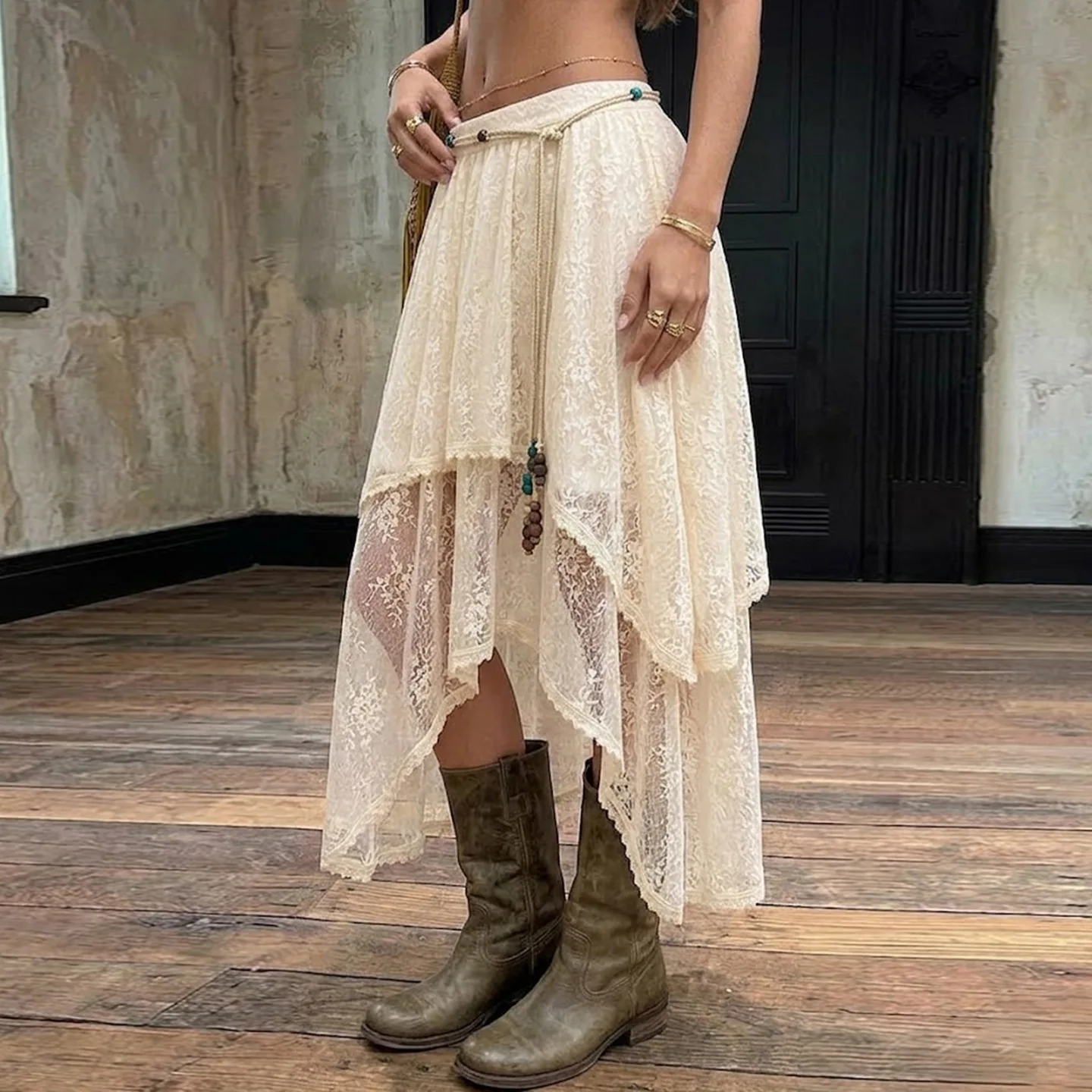 

Bohemian Lace Asymmetrical Layered Maxi Skirts Women Fashion Elastic Waist A-line Vacation Beach Long Skirt Casual Streetwear