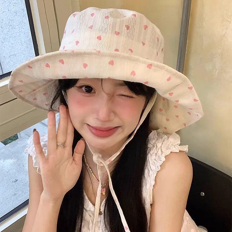

Sweet Korean Version Cute Love Printed Bucket Hat Summer Versatile Breathable Big Brim Sunshade Lace Thin Sun Cap for Women's