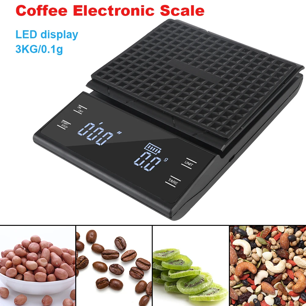 Digital LED display 3KG/0.1g High Precision g/oz/ml Electronic Rechargeable Type-C Coffee Kitchen Weight Scale Auto Timer