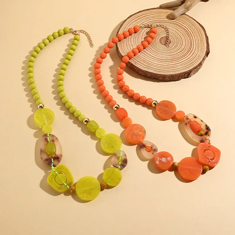 GuanLong New Vintage Ethnic Handmade Long Necklaces for Women Bead Chain Exaggerated Big Necklace Orange Summer Bohemain Jewelry