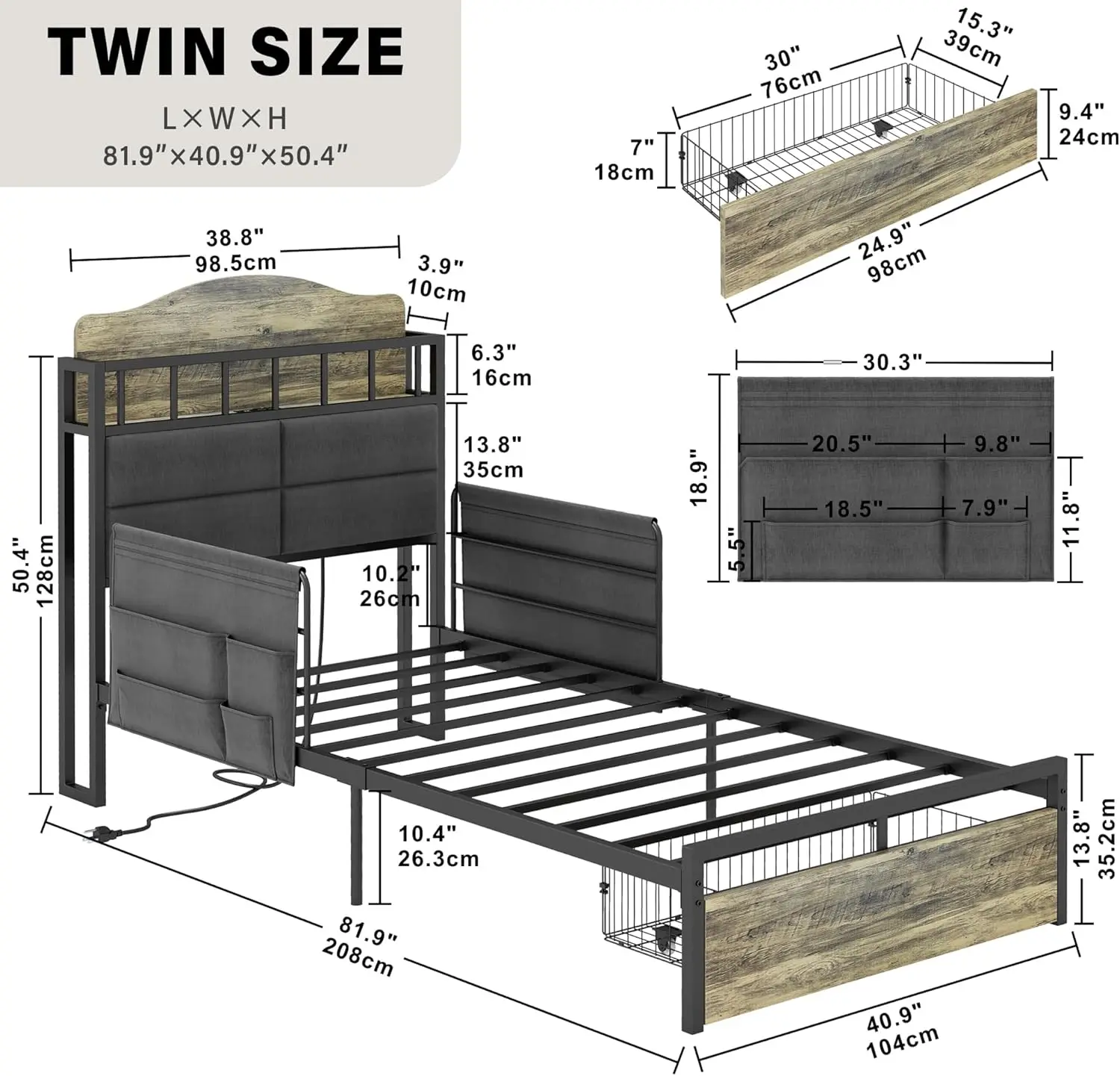 Twin Bed Frame with Guardrail & Bedside Caddy, Multifunctional Headboard with Charging Station, Durable Metal Platform Bed, Nois