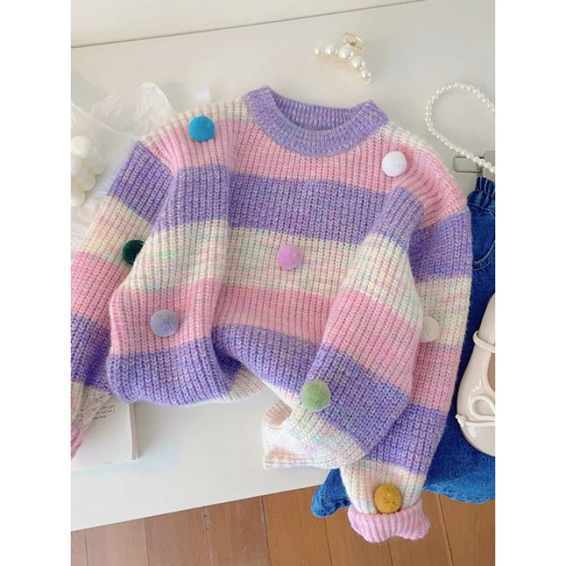 Girls' Three-Dimensional Ball Sweater24New Children Girl Loose Version Rainbow Color Soft Glutinous Sweater Long Sleeve Top