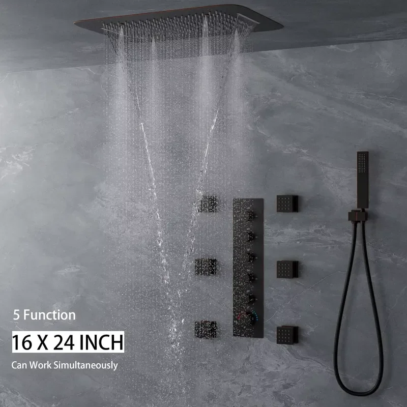 Bathroom Oil Rubbed Bronze 16 X 24 Inch Rain Waterfall Shower Head Thermostatic Shower Set
