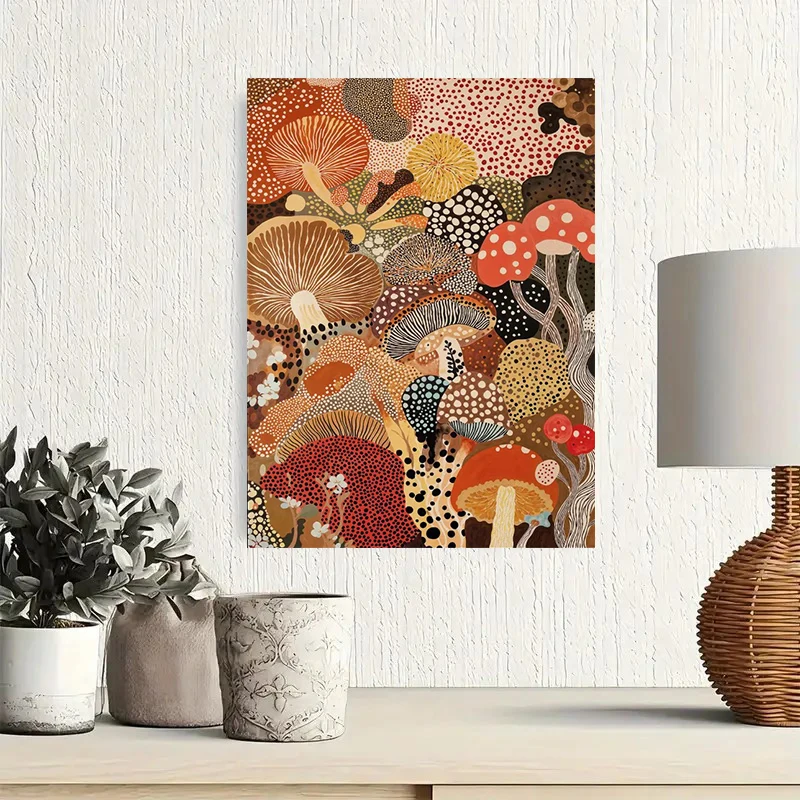 Polka Dot Mushroom Canvas Print, Botanical Fungi Canvas Wall Art for Living Room Home Decoration
