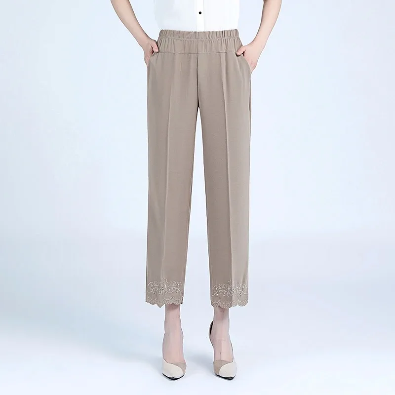 Women's New Style Spliced   elastic High Waist Pocket Fashionable Solid Color Loose Versatile Casual Trousers