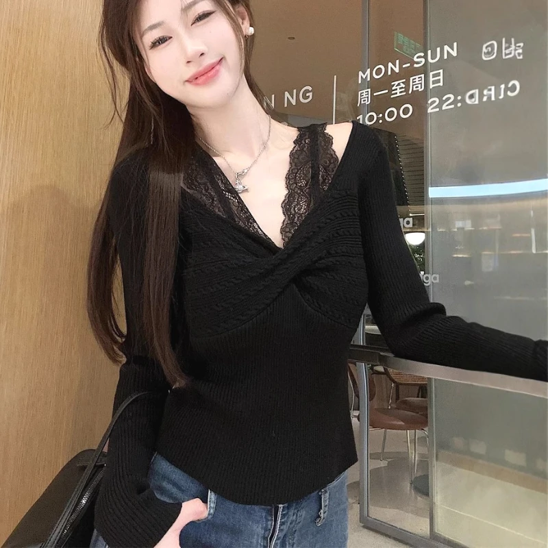 

Кружевной свитер из двух предметов с v-образным вырезом, женский элегантный тонкий нежный трикотаж, пуловеры, модные сексуальные свитера с открытыми плечами
