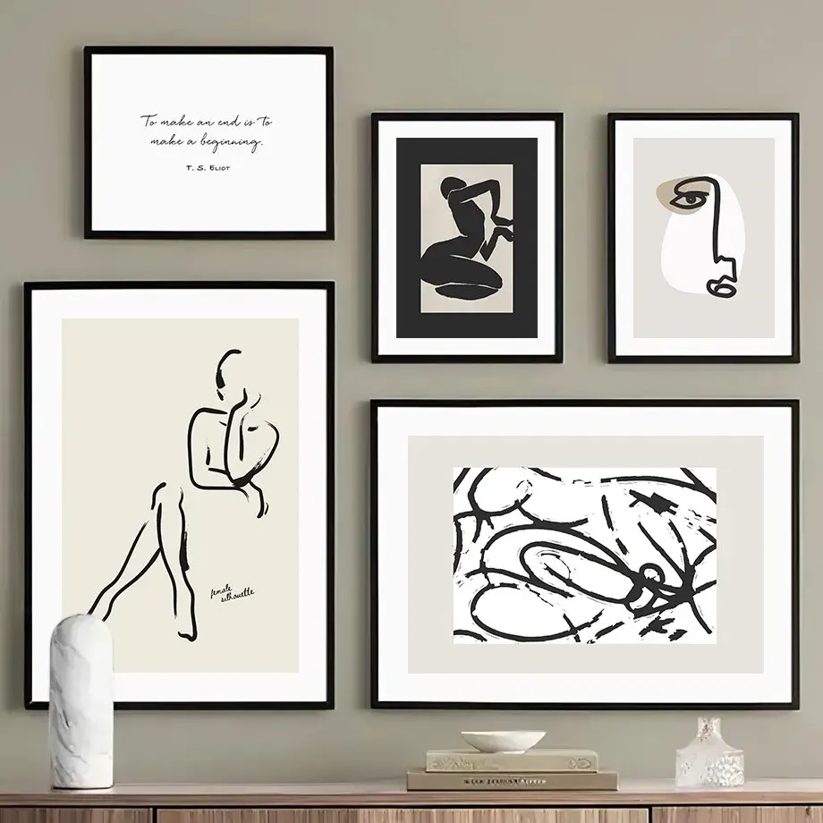 Abstract Art of Face and Body in Black and White Canvas Painting Nordic Style Posters Wall Art for Living Room Decor