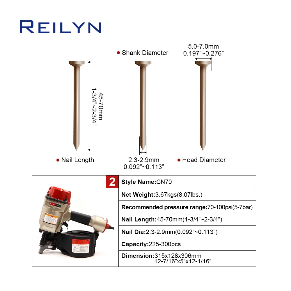 Reilyn MCN70 Pneumatic Coil Nailer 70mm Air Industrial Nail Gun Fencing Framing Roof Sheathing Pallets Air Gun