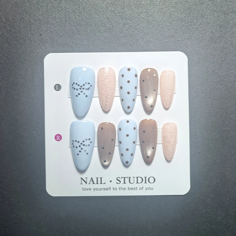 

10Pcs Light Blue Press on Nails with Coffee and Pink Polka Dots, Glitter Shimmer False Nails, Colorful Dotted Fake Nails