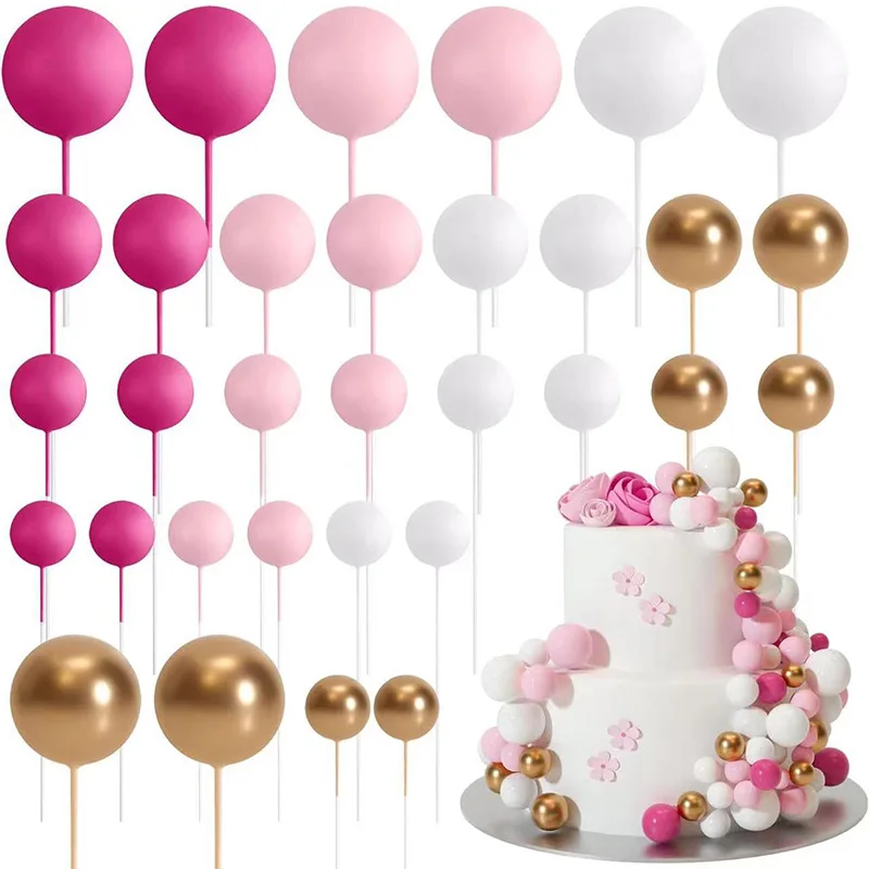 32 Pcs / Set Ball Cake Decoration Pink Gold Pearl Balls Mini Hat Stick Foam Ball  For Kids Birthday Party Wedding Decorations