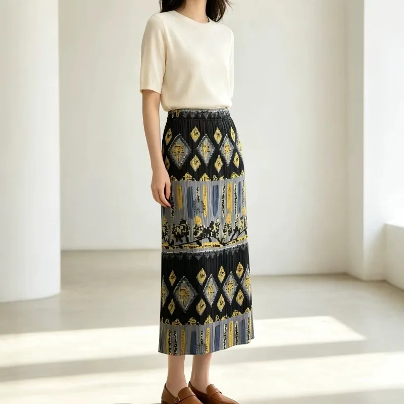 Miyake Pleated 2026 Spring/Summer New Original Digital Print Women's Skirt Elegant Casual Versatile Slimming Mid-Length Skirt