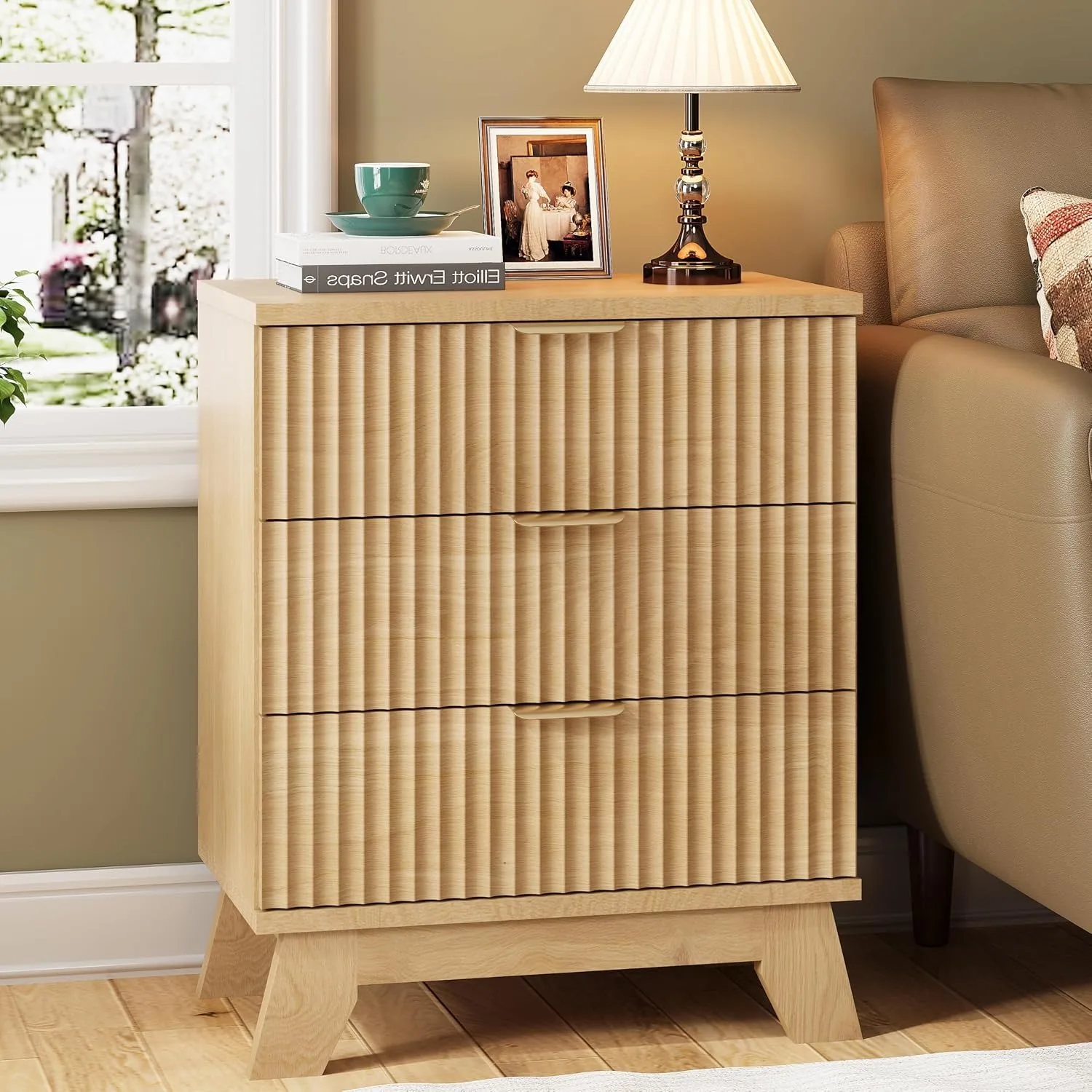 24Inch Wide Mid Century Modern Fluted Wooden Nightstand luxury With 3 Storage Drawers Metal Frame Bedroom Side Table Custom