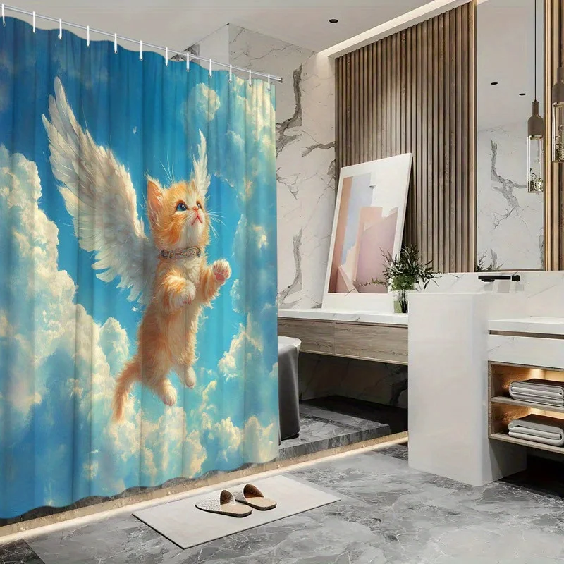 Angelic Kitten Shower Curtain - Feathery Orange Kitten, Blue Sky Design, Polyester,  70.8x70.8