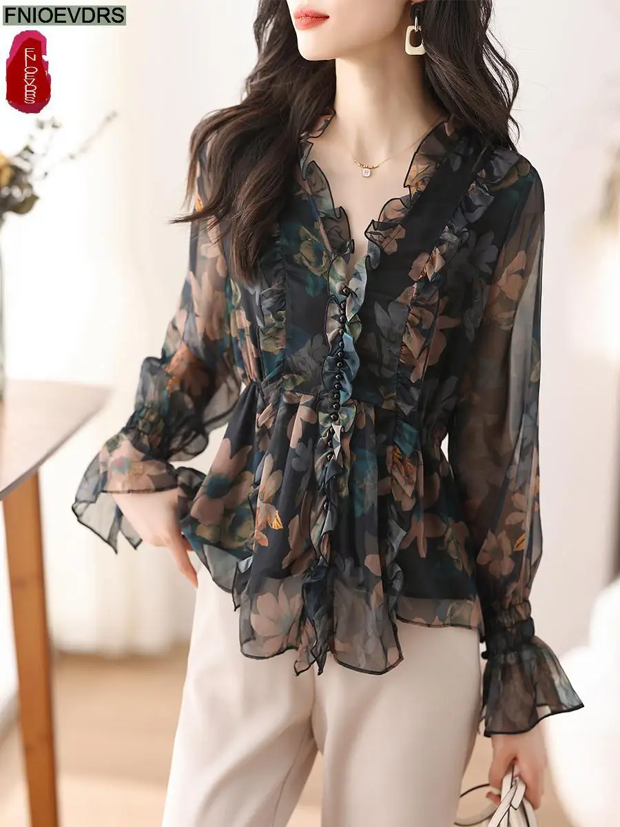 S-3XL 2024 Women Spring Basic Wear Chiffon Shirts New Chic Design Retro Vintage Button Flower Peplum Belly Ruffles Tops Blouses