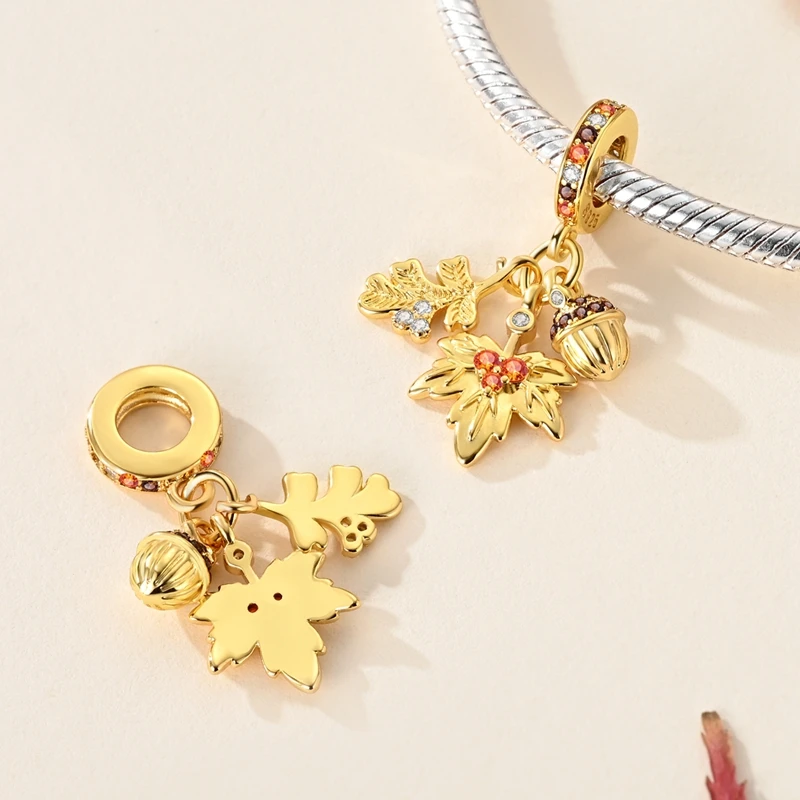 925 Sterling Silver Charm Bead Autumn Golden Maple Leaf Pendant Fit Original Bracelet Necklace Women Jewelry Gift