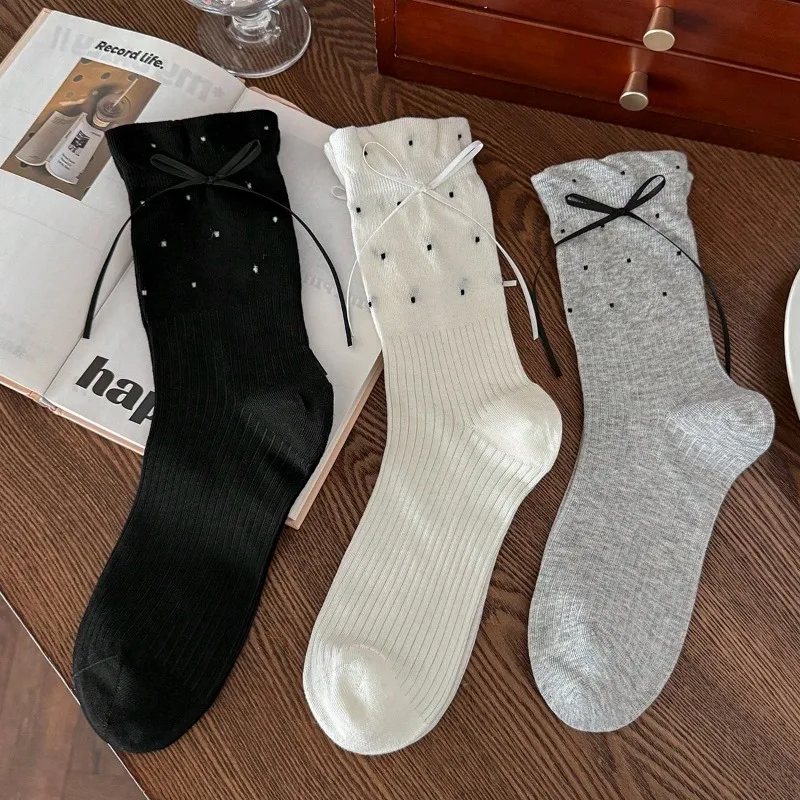 Women Long Socks Cotton Fashion Cute Dots Bow Lolita Socks For Women Korean Style Breathable Casual Classic White Women Socks