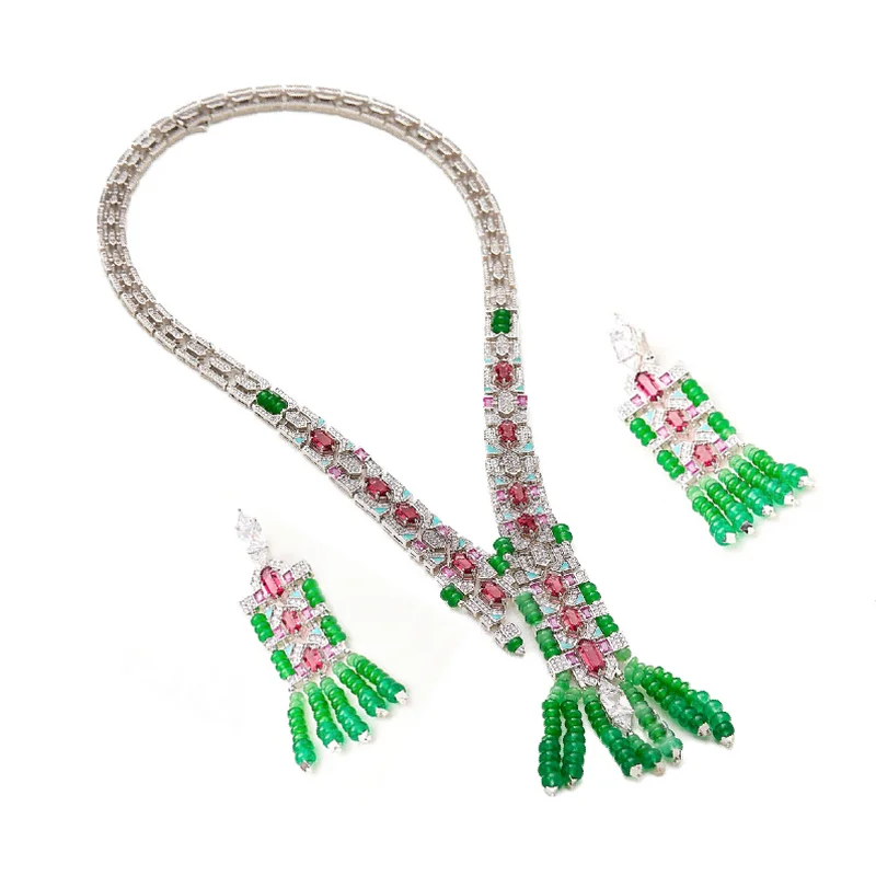 Designer Vintage Earrings Necklace Women Lady Inlay Czech Zircon Enamel Green Beads Tassels Wide Chain Party Choker Jewelry Sets