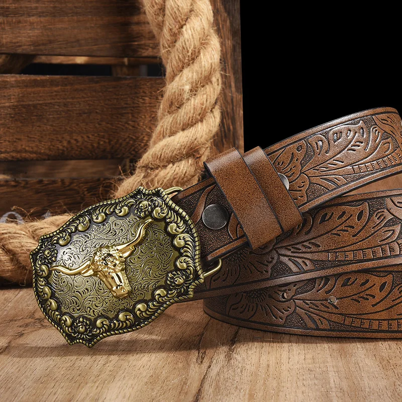 Herren- und Damenbekleidung – PU-Ledergürtel im Western-Cowboy-Stil – Vintage-Gürtel mit bedruckter Schnalle für Jeans – Detail 4