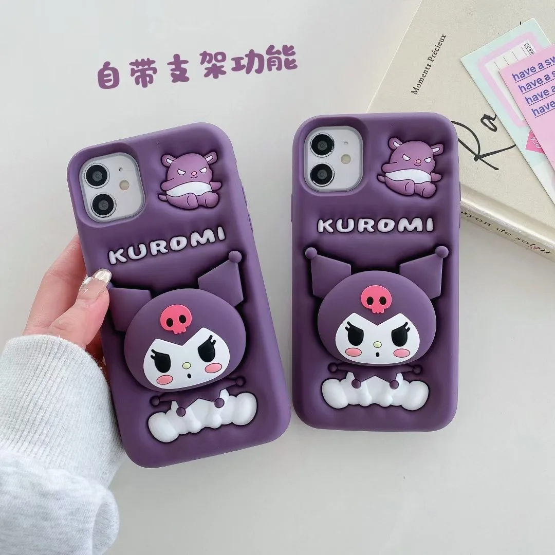 Bonito 3d kuromi cabeça aperto tok titular caso de telefone para iphone 15 11 14 13 12 11 dos desenhos animados anti-queda à prova de choque silicone capa macia