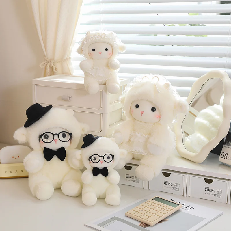 Kawaii Wedding Couple Lamb Plush Doll Bride Veil Groom Suit Soft Sheep Toy Wedding Favor Gift For Newlyweds
