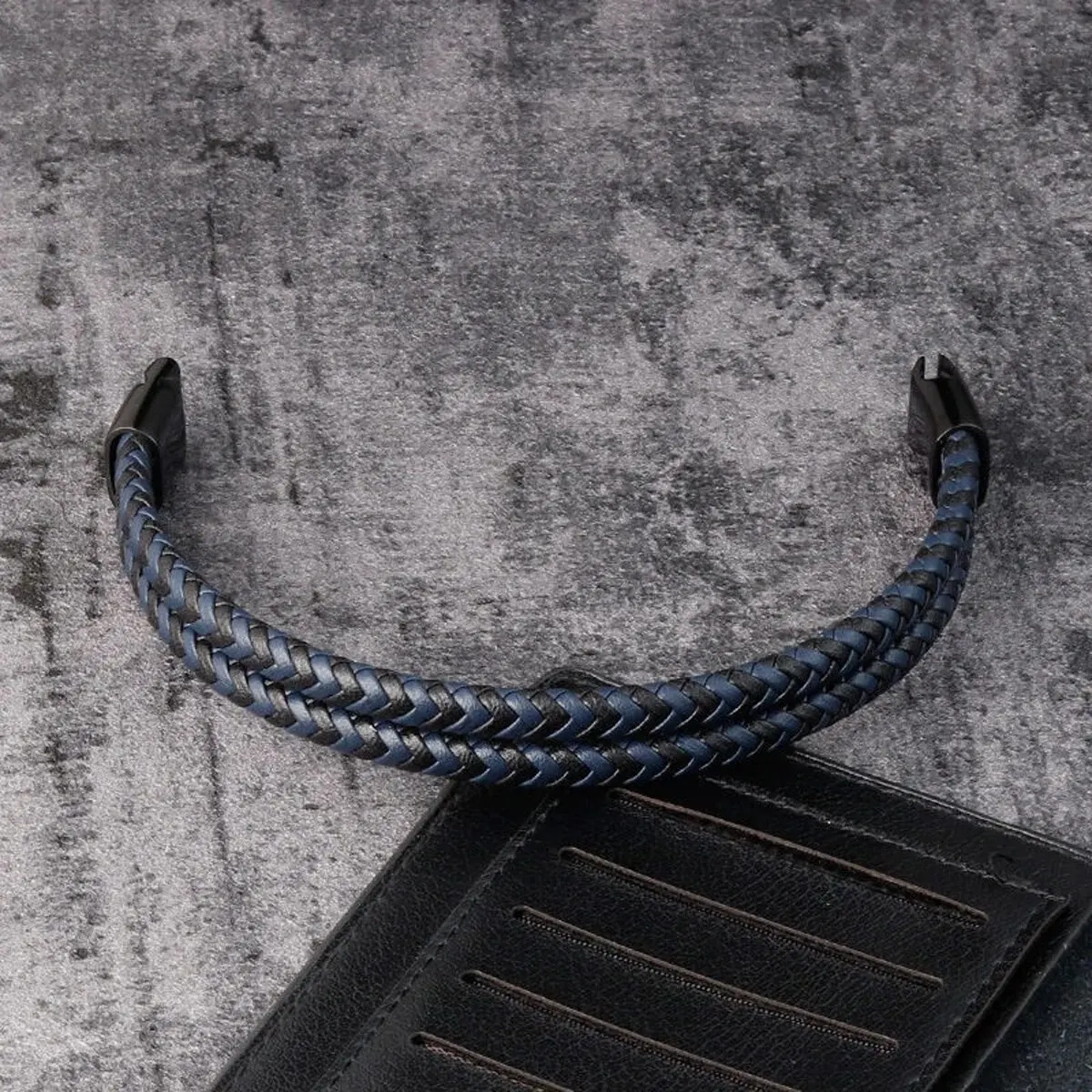 Männer Schwarz Blau Geflochtenes Echtleder Armband Doppelband Armreif – Detail 9